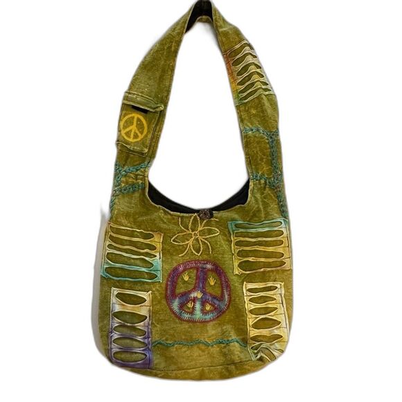 Womens Peace Floral & Spiral Patched Cotton Hippie Hobo Bag Stylish Roomy Boho - Picture 1 of 14